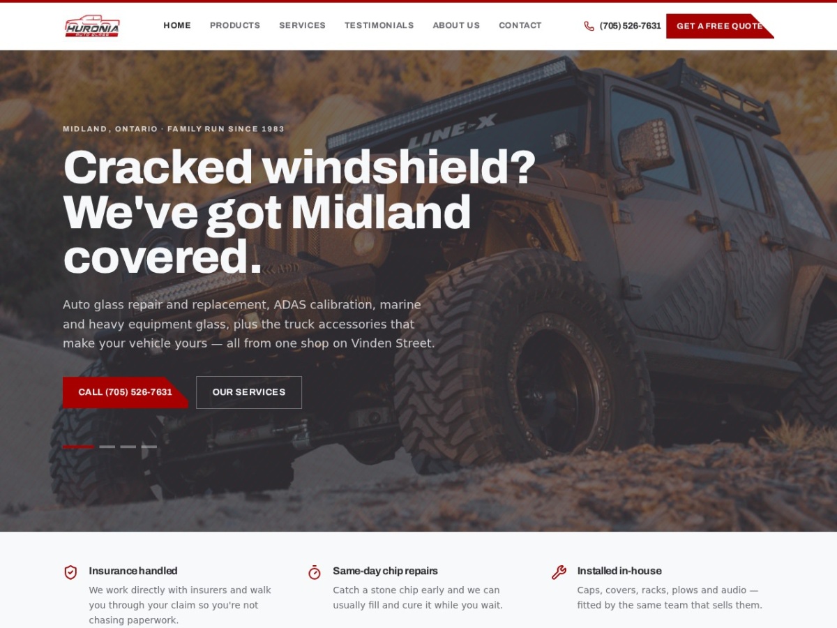 Huronia Auto Glass website screenshot
